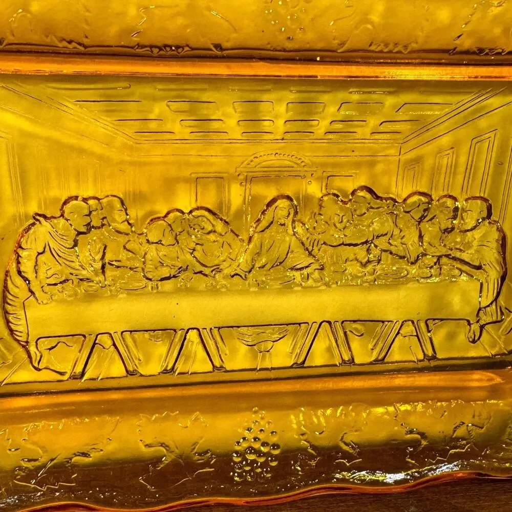 Vintage Tiara Indiana Glass Amber Gold Lord's Supper Last Supper Tray 11